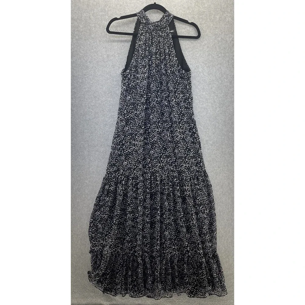 Express Women's Maxi Dress Sleeveless High Neck Black Blue Small Printed Pleats - Picture 1 of 10
